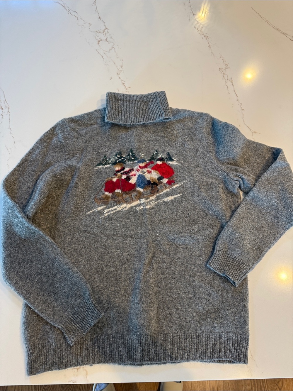 Ralph Lauren Gray Turtleneck Sweater with Skiing Motif
